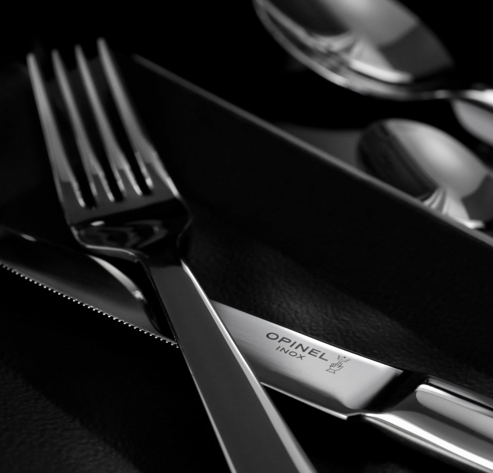 close up and personal with opinel perpetue cutlery sets including knives, forks and spoons. premium cutlery